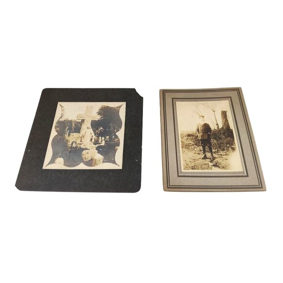 Antique Black & White Mounted Gravestone/Boy Photographs With Decorative Borders - Picture 1 of 8